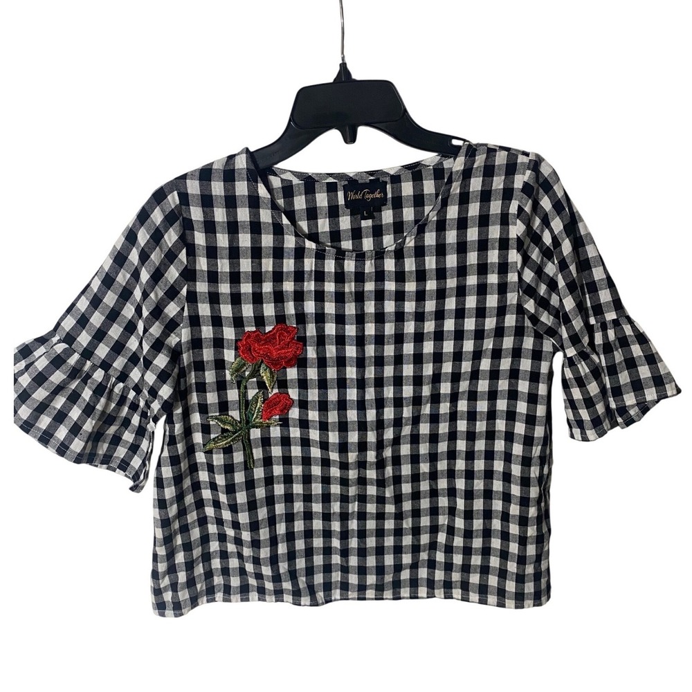 World Together Blouse Large Gingham Rose Embroidered Ruffle Bell Sleeve Black